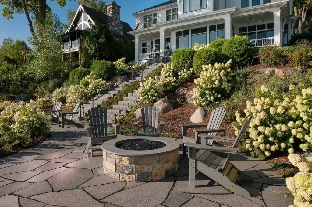 Terraced Garden Fire Pit with Hydrangea Landscaping