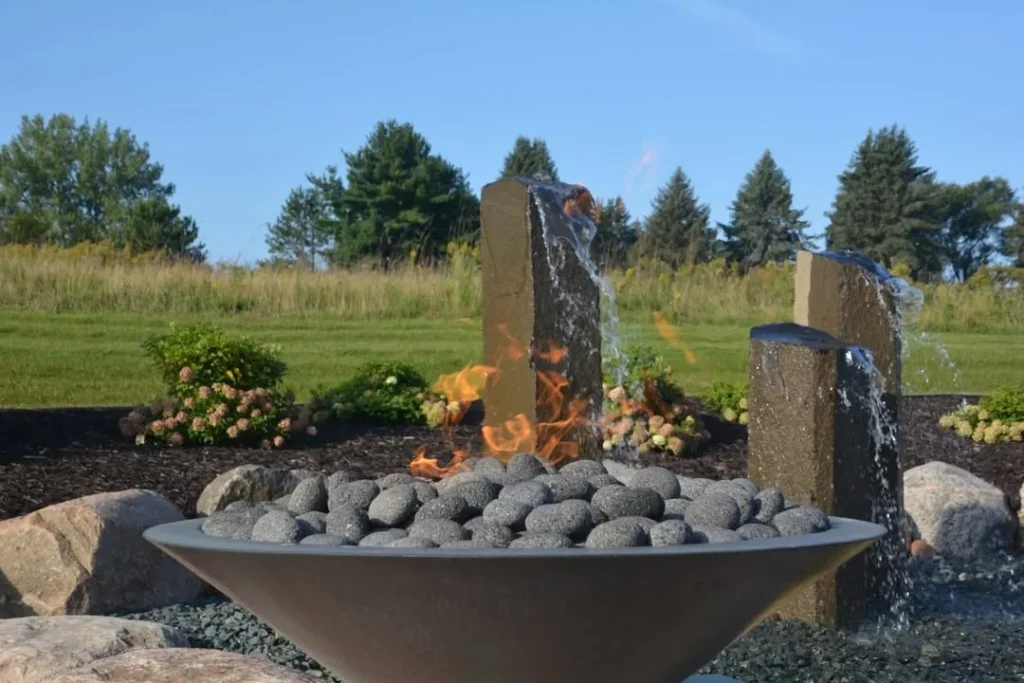 Fire and Water Feature with Stone Fountains