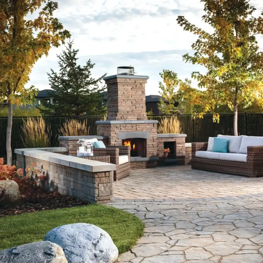 Outdoor Fireplace with Built-in Seating Wall