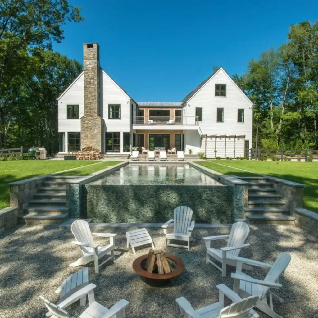 Poolside Fire Bowl with Modern Farmhouse Backdrop