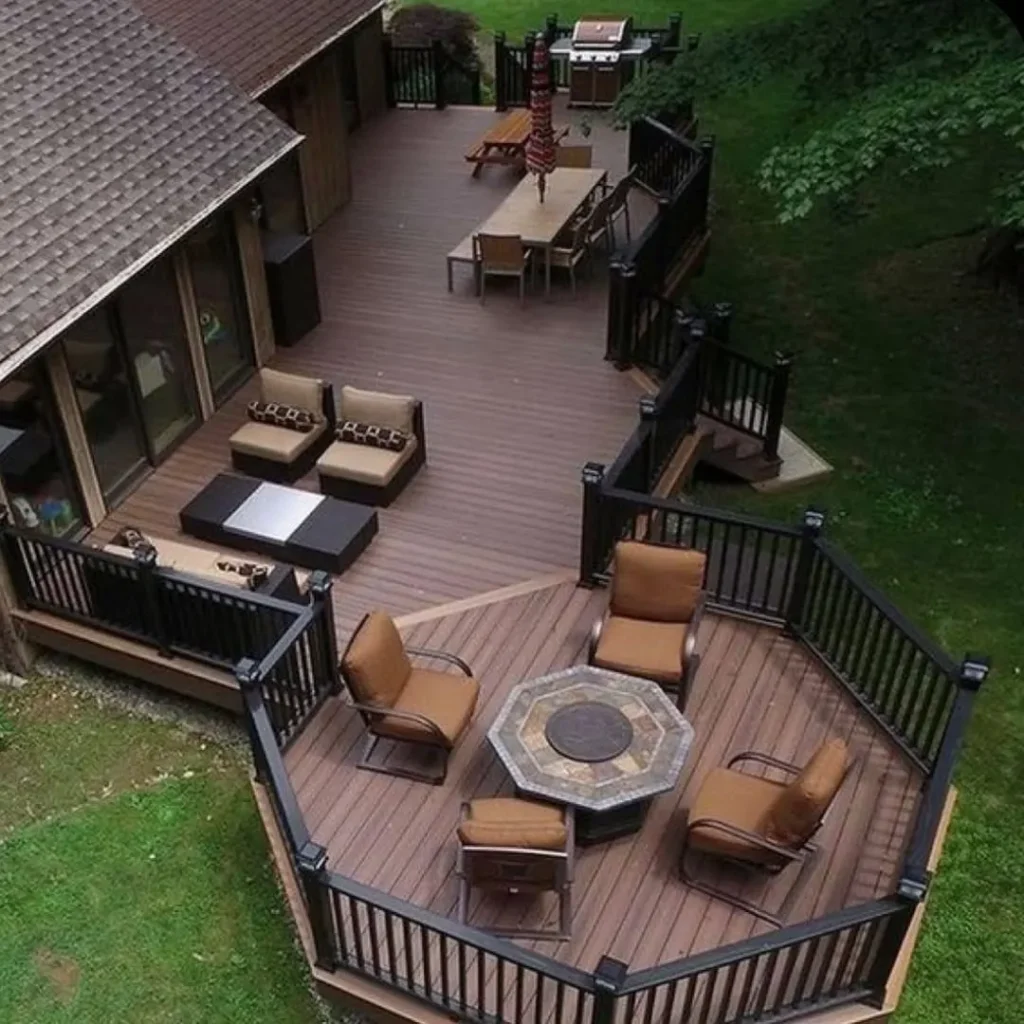 Aerial View of Expansive Multi-Zone Deck with Fire Pit