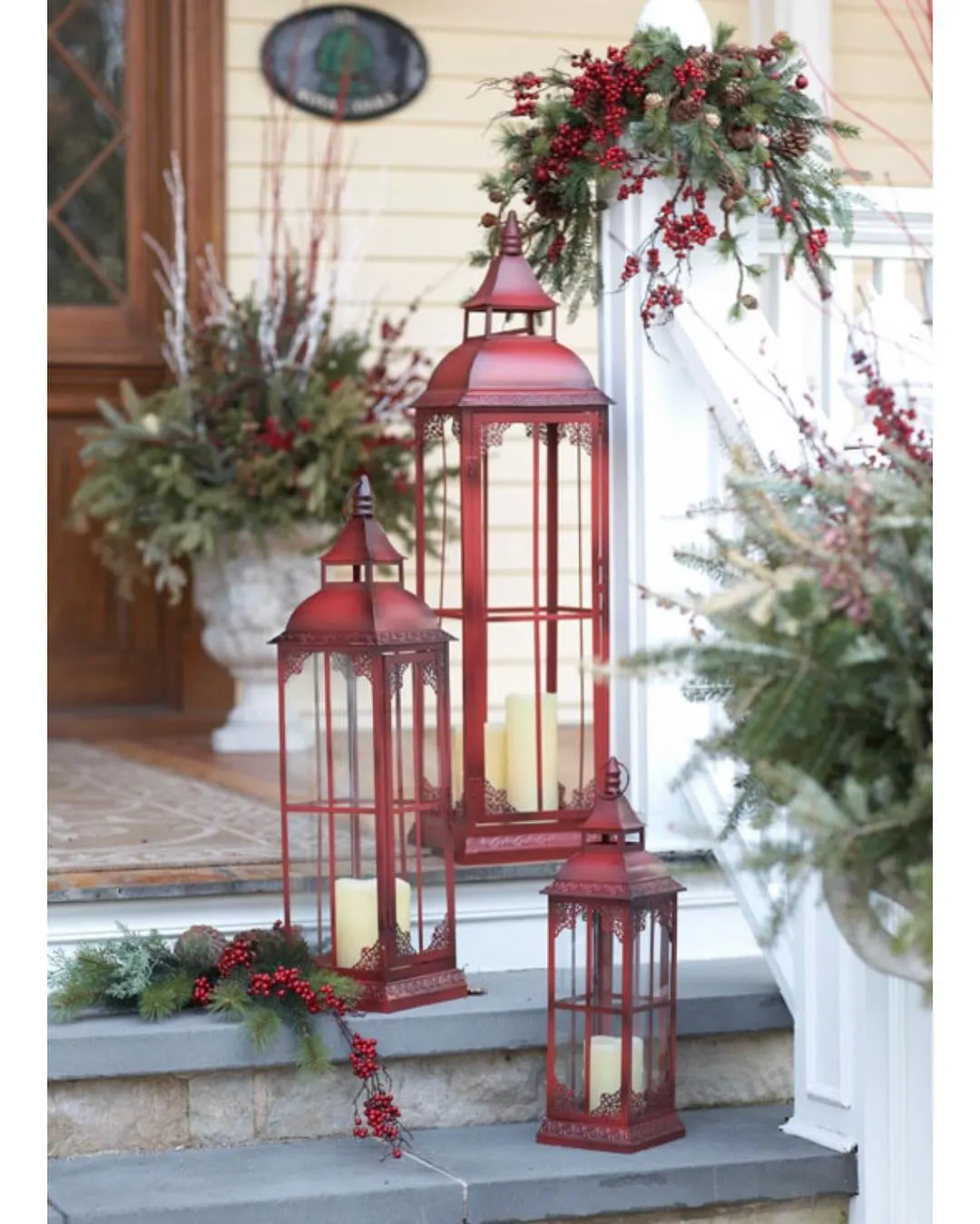 Classic Red Lantern Christmas Porch Display