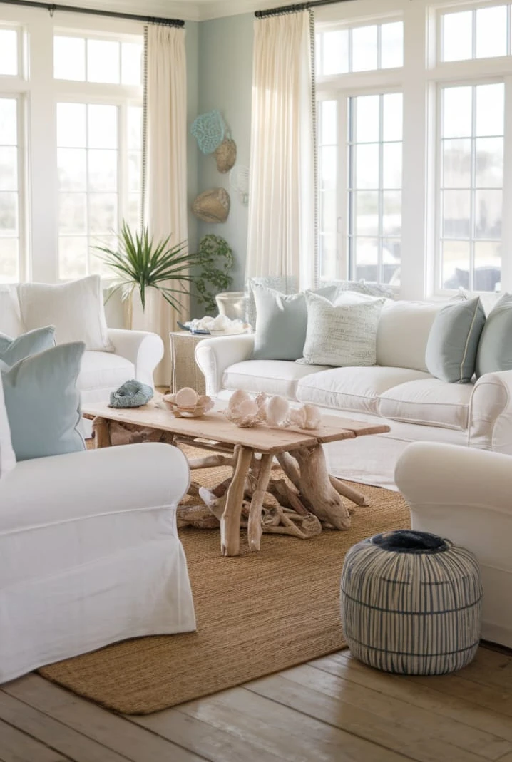 Coastal White Slipcovered Living Room