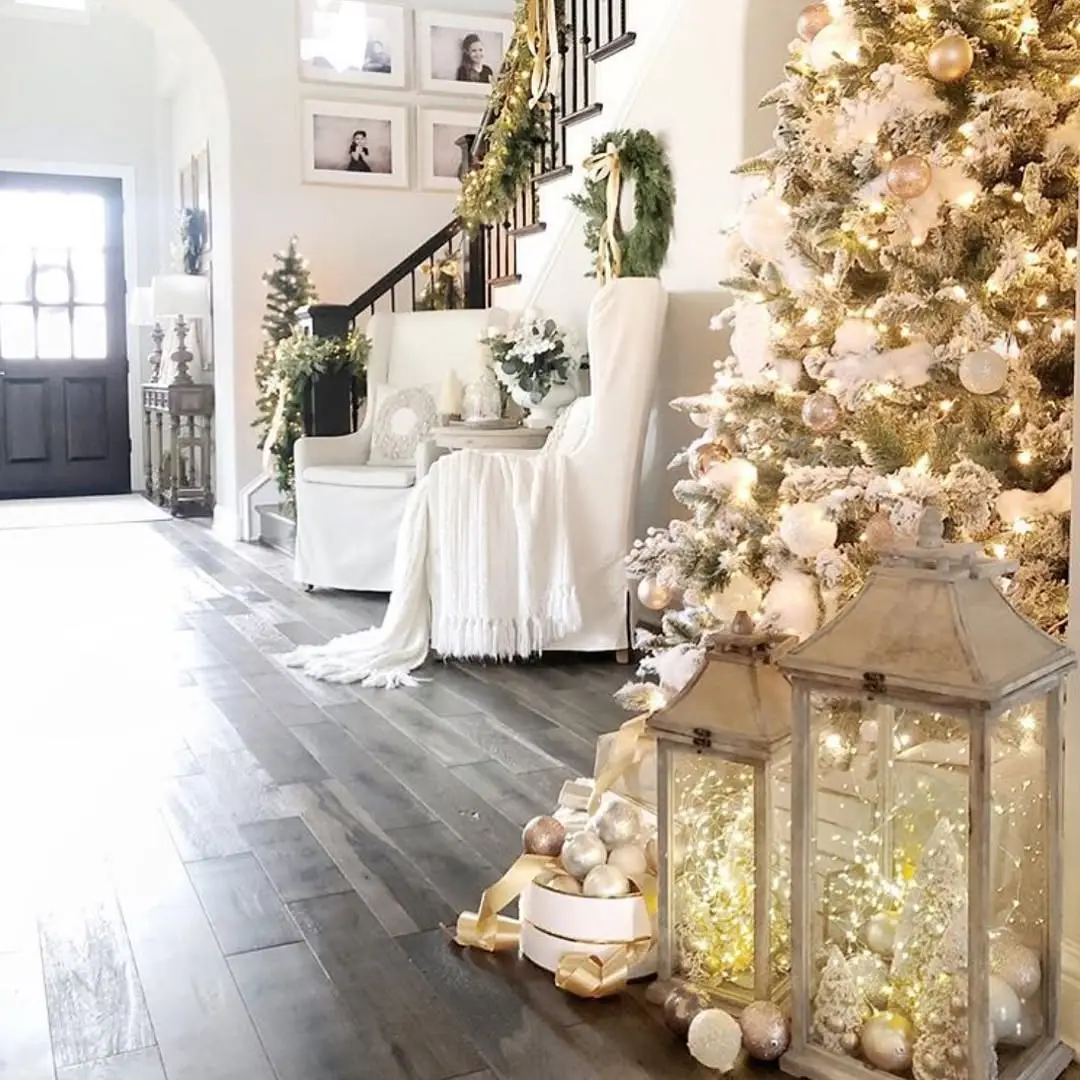 Elegant Cream Fairy Light Lanterns by the Christmas Tree