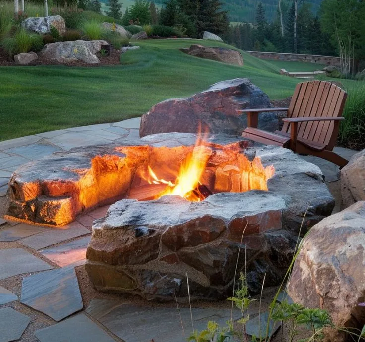 Boulder-Integrated Natural Stone Fire Feature with Landscape Design