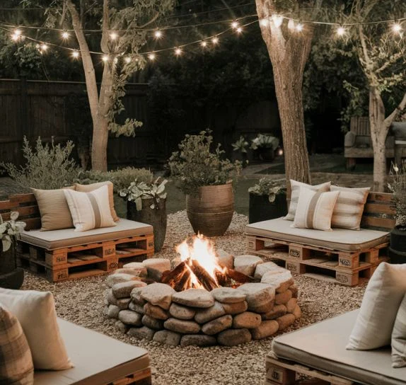 Budget-Friendly Pallet Lounge with Stone Fire Ring