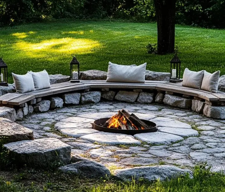 Natural Stone Curved Bench Fire Pit Retreat