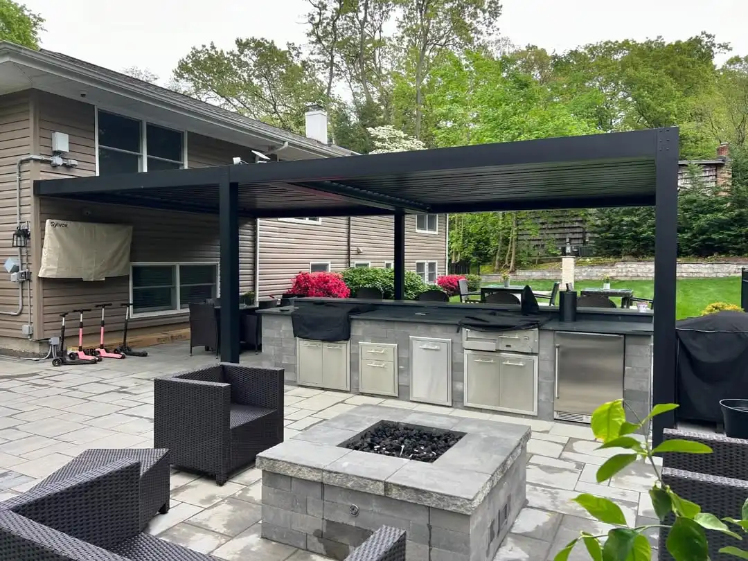 Contemporary Outdoor Kitchen with Louvered Pergola and Fire Pit
