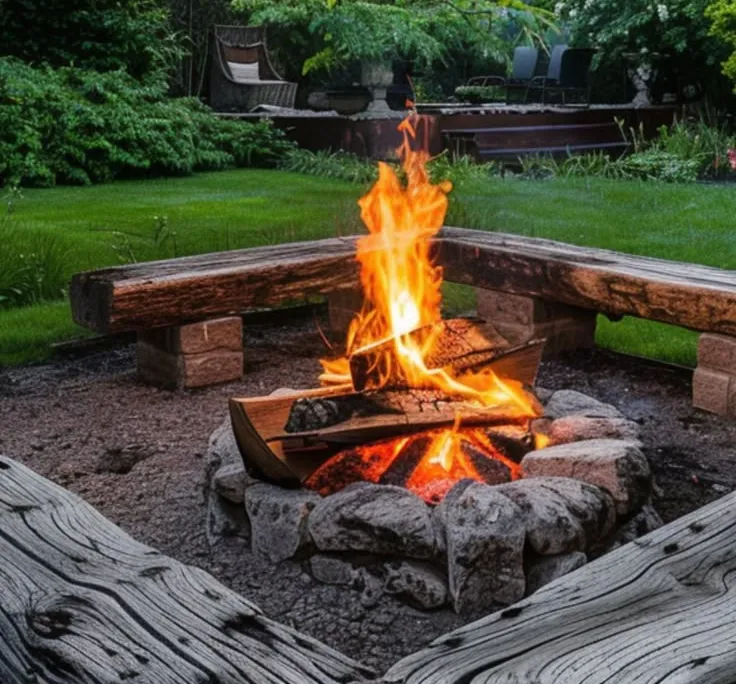 Natural Stone Ring Fire Pit with Log Bench Seating and Cooking Grate