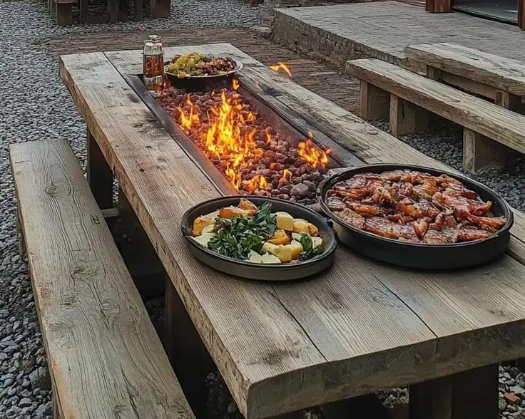 Rustic Wood Fire Table with Integrated Cooking Surface and Bench Seating