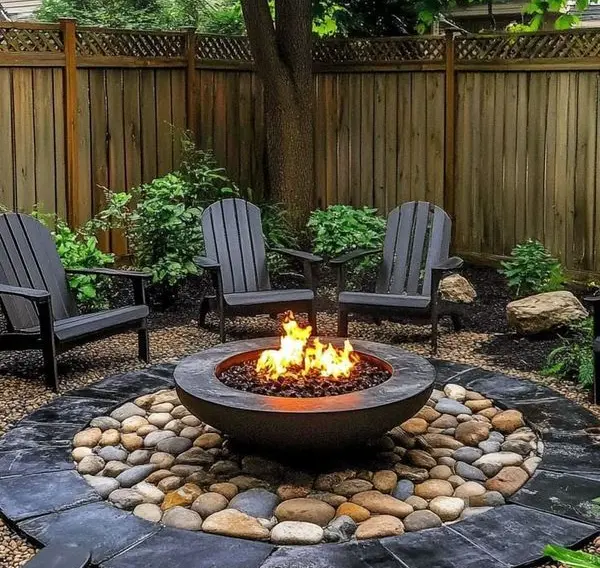 Simple Backyard Fire Bowl with River Rock Border
