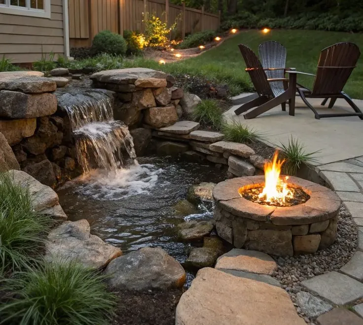 Fire and Water Feature Combination with Natural Stone Design