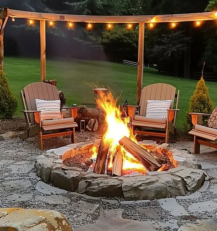 Natural Stone Fire Ring with Pergola and String Light Canopy