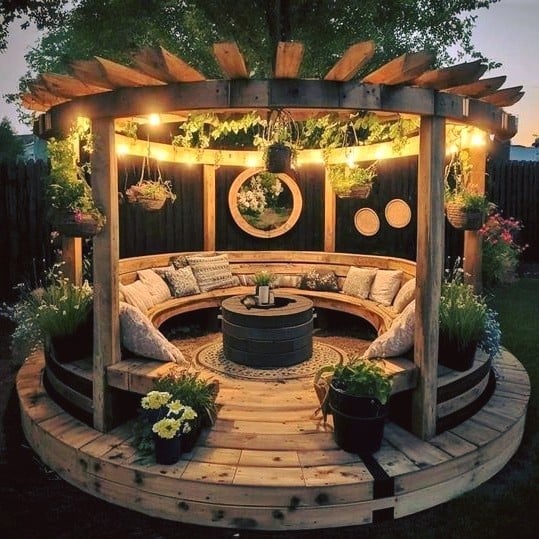 Circular Pergola Fire Pit with Curved Seating
