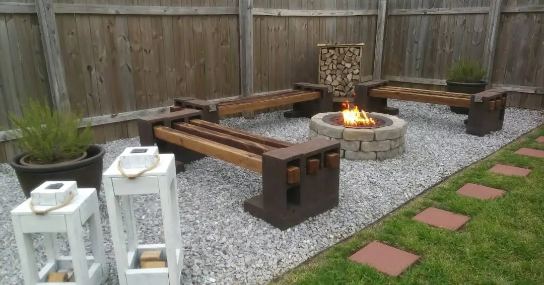 Contemporary Gravel Patio with Stone Ring Fire Pit