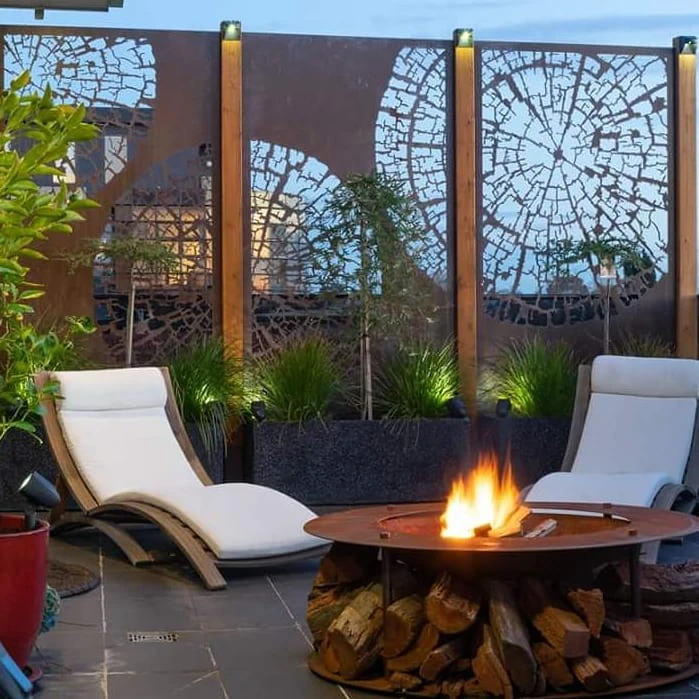 Contemporary Metal Fire Bowl with Wood Storage