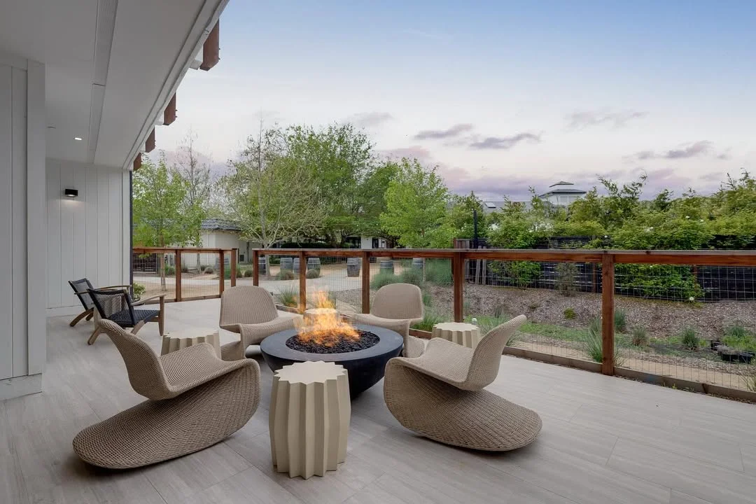 Contemporary Sculptural Fire Pit with Designer Woven Seating