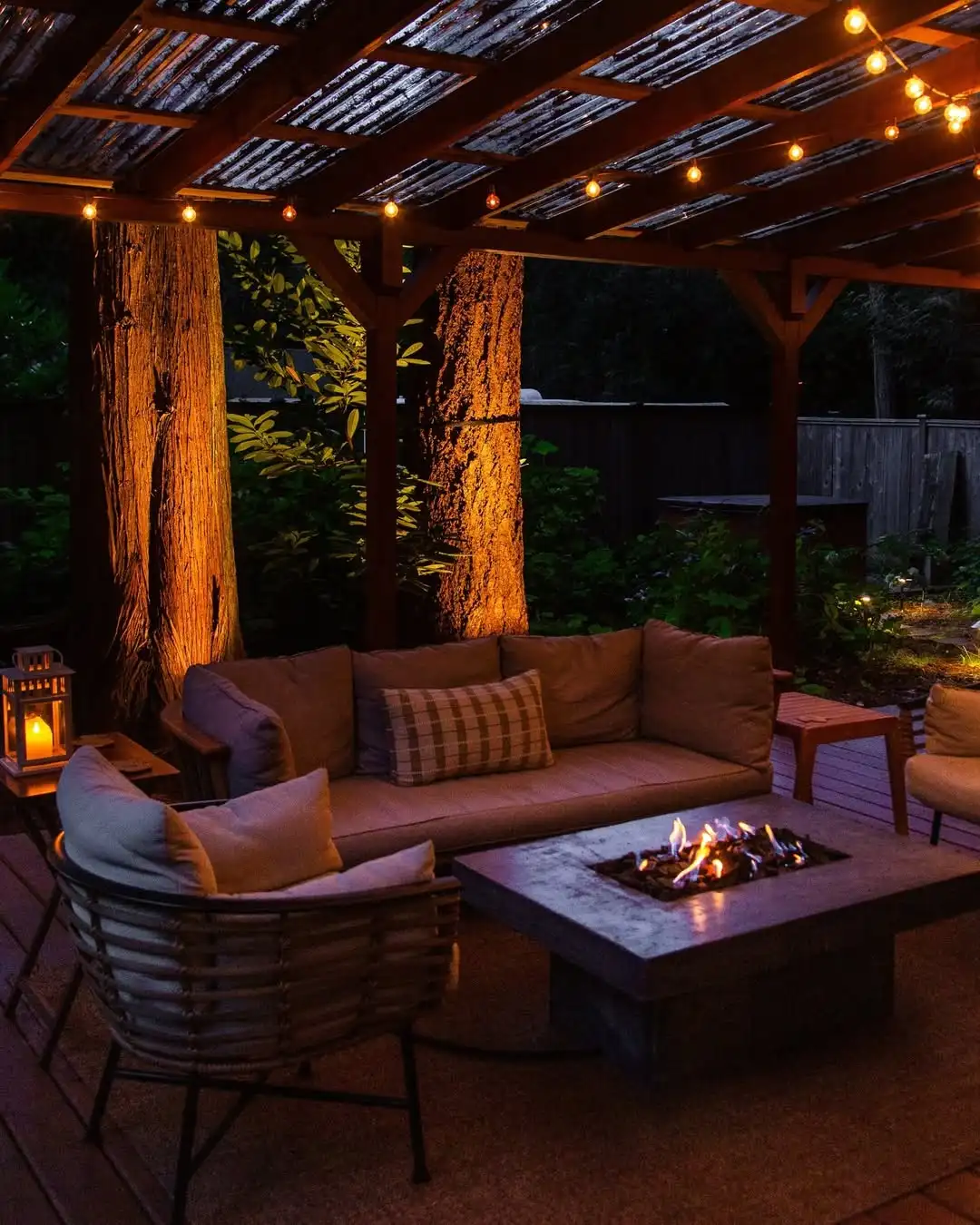 Covered Pergola Fire Pit with Ambient String Lighting
