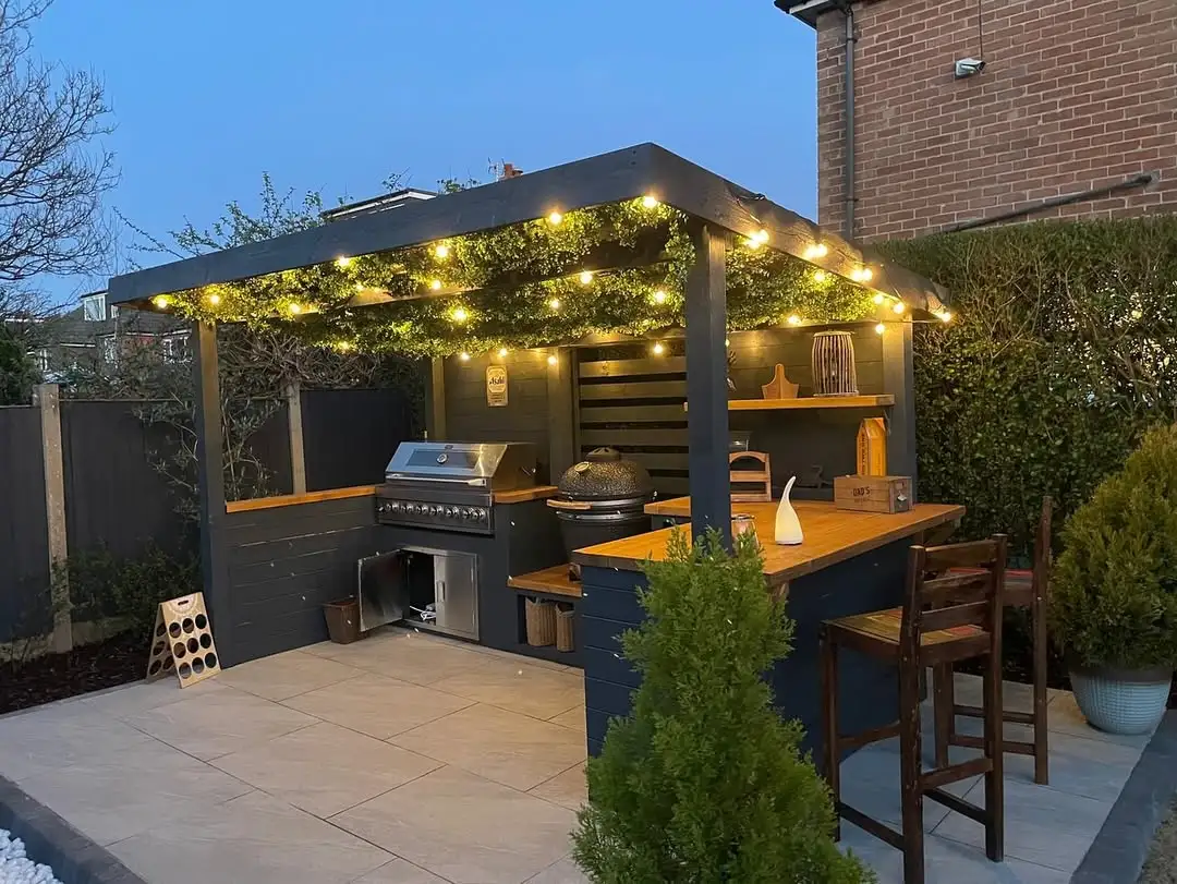 Cozy Pergola BBQ Station with String Lights