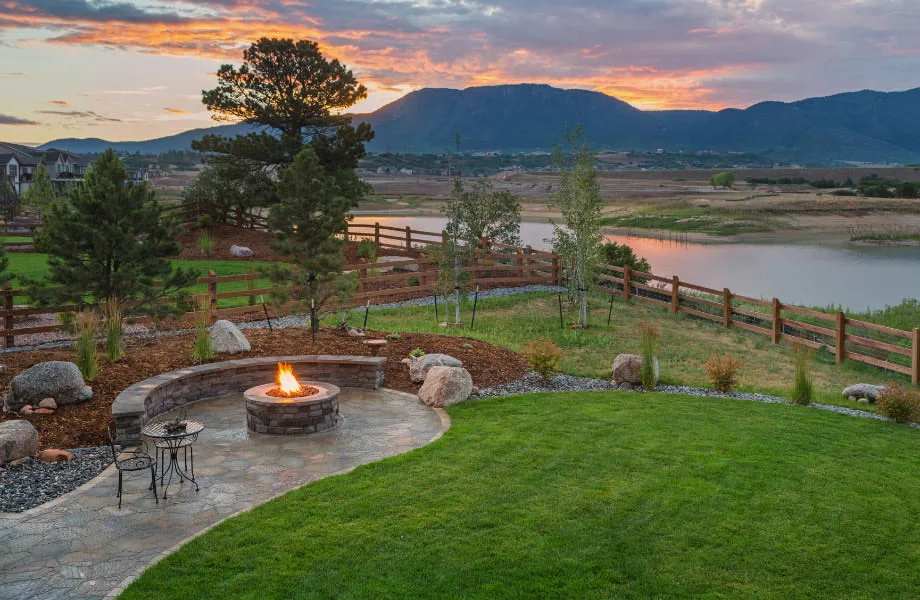 Natural Stone Fire Pit with Breathtaking Mountain Lake Views