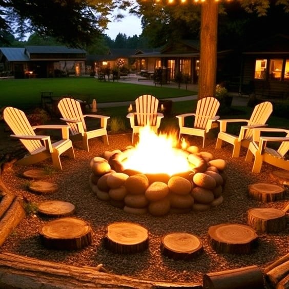 Rustic Fire Pit with Tree Stump Seating