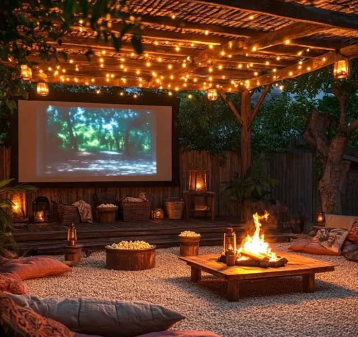 Outdoor Movie Theater with Fire Table and String Light Canopy