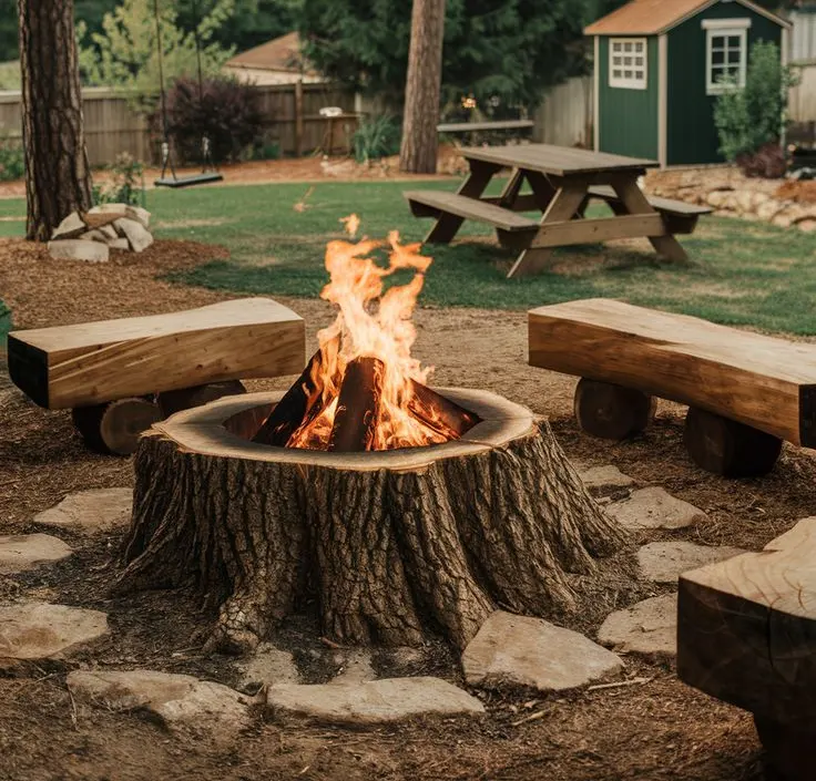 Tree Stump Fire Pit with DIY Wooden Bench Seating