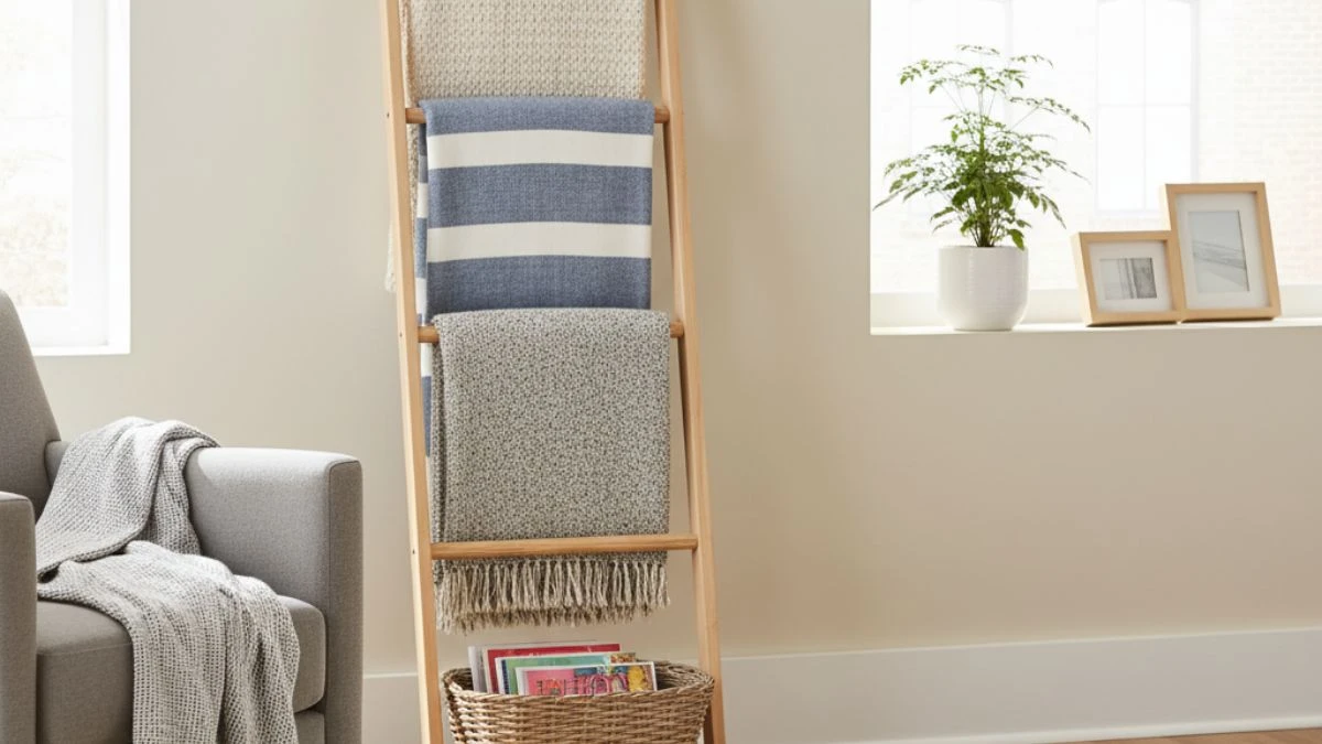 Living room ladders hold blankets and magazines