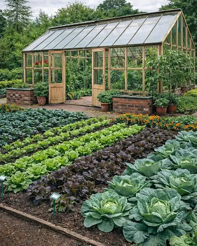 Timber-Framed Greenhouse and Productive Rows
