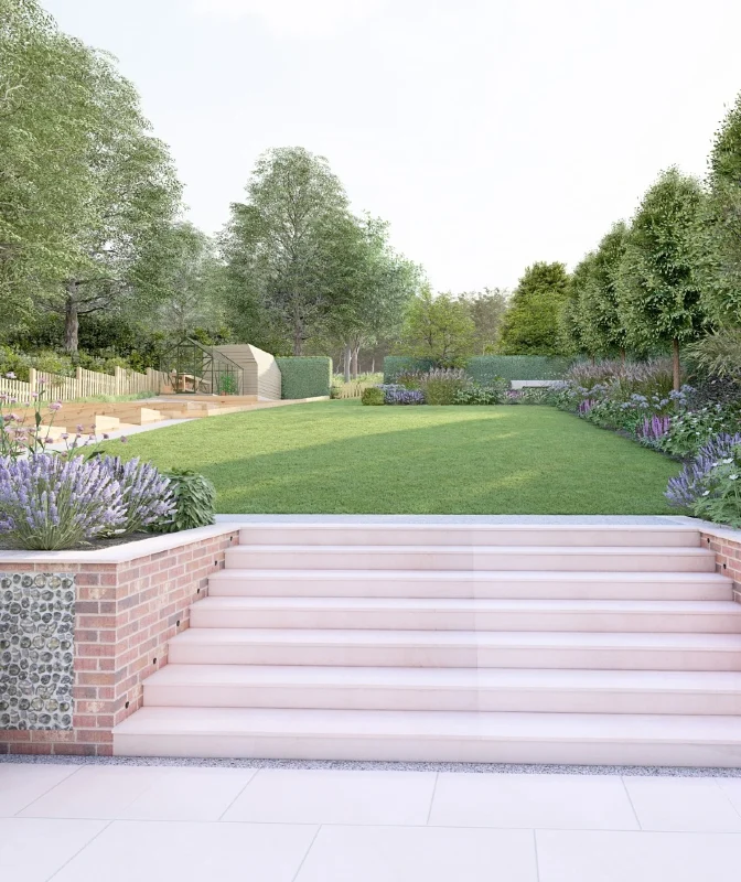 Brick Retaining Wall with Wide Inset Steps