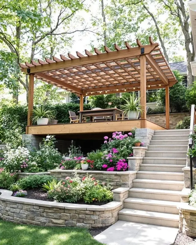 Elevated Pergola Deck with Masonry Tiers