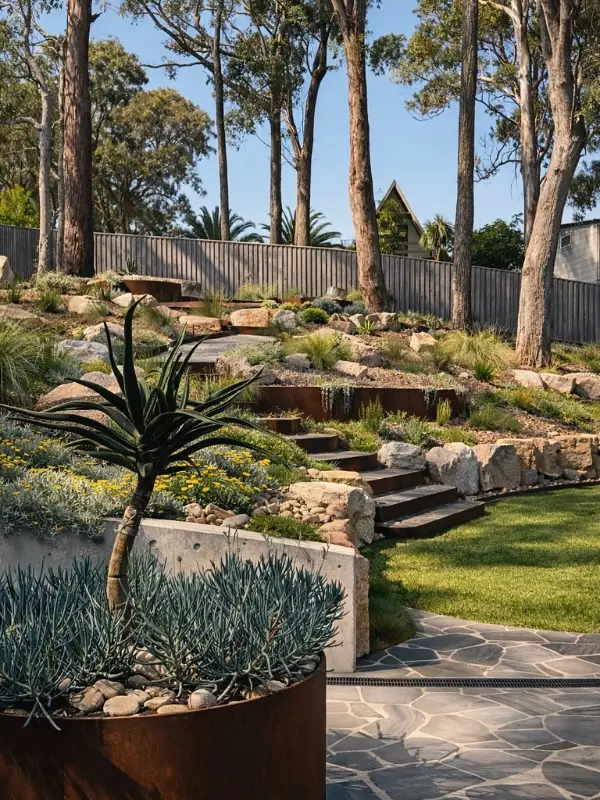 Mixed Material Rockery with Corten Steppers