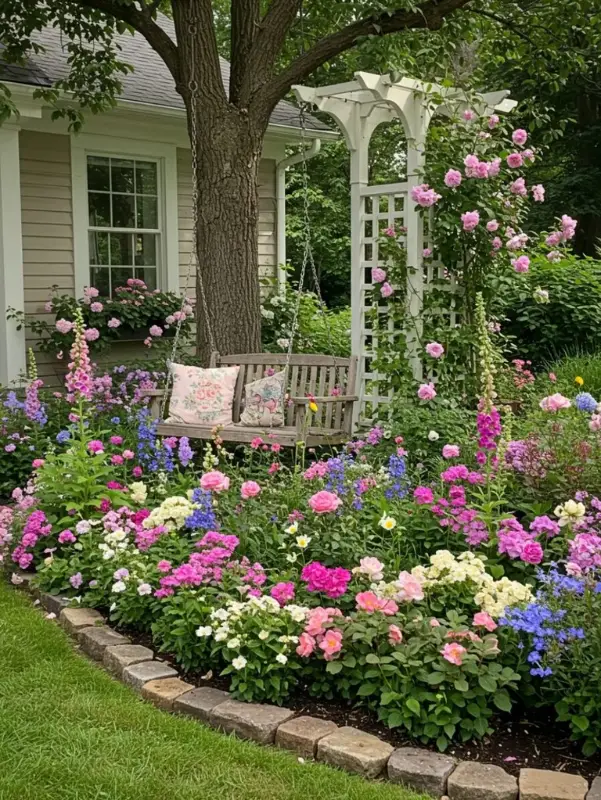 Cottage Garden Swing and Trellis Bed