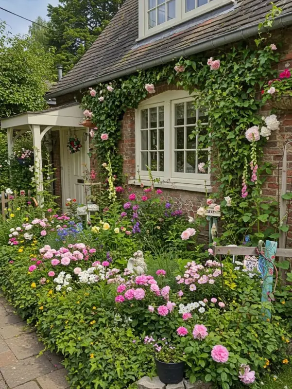Climbing Rose and Cottage Stone Path Bed
