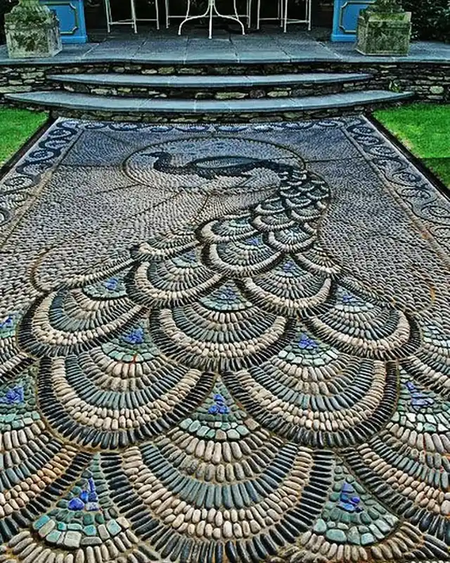 Intricate Peacock Pebble Mosaic Patio