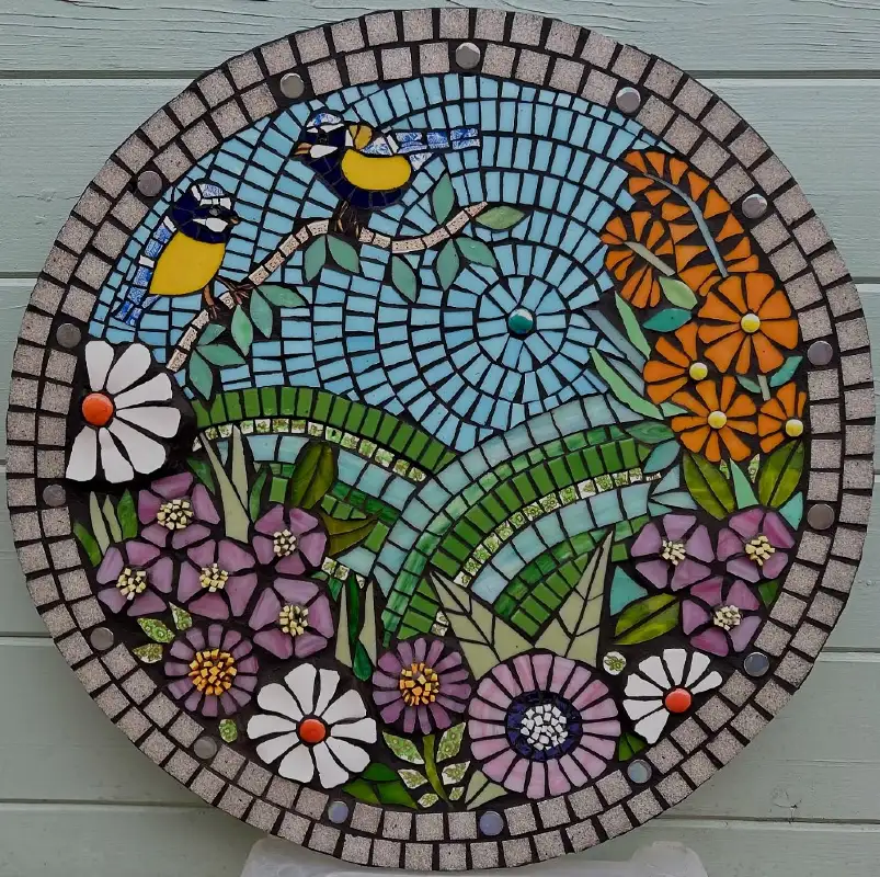 Songbird and Floral Landscape Circular Mosaic