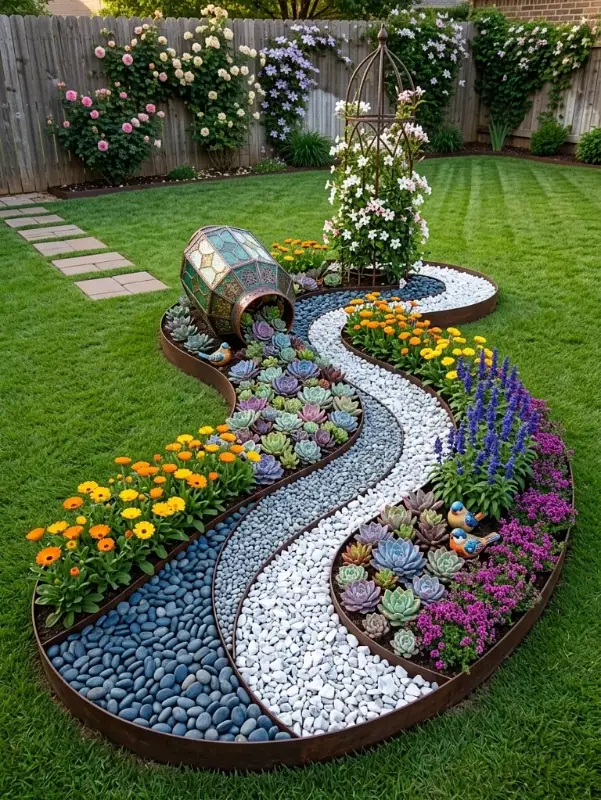 Spilling Urn and River Rock Mosaic Garden Bed