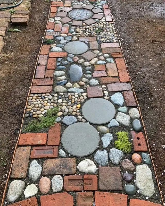 Mixed Media Brick and Pebble Walkway