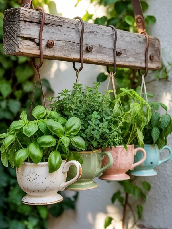 Reclaimed Wood Beam with Hanging Teacups