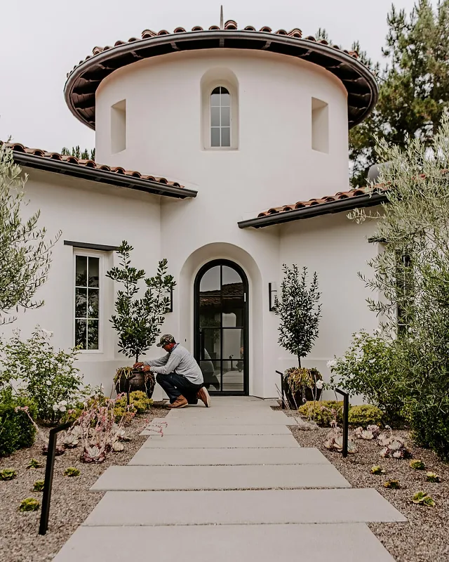 Modern Concrete Paver Walkway with Architectural Turret