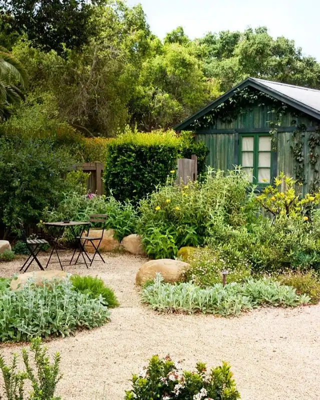 Cottage Garden Seating with Weathered Green Shed