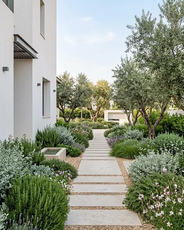 Linear Stone Paver Path with Square Water Feature