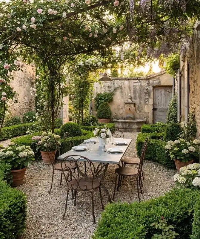 Rose Covered Pergola and Parterre Courtyard