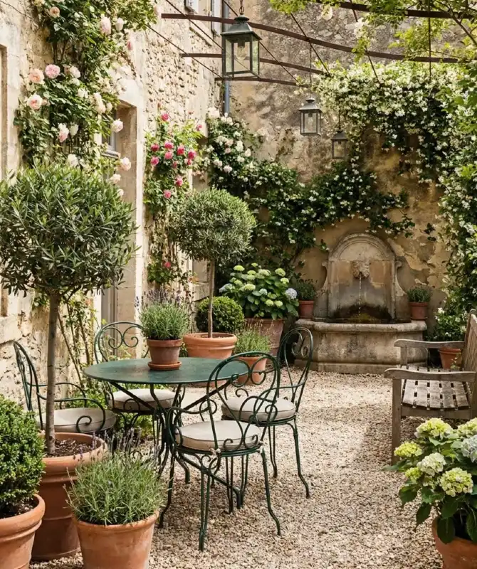 Stone Courtyard Nook with Topiary Olive Trees