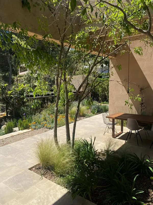 Shaded Flagstone Veranda with Integrated Tree Cutouts