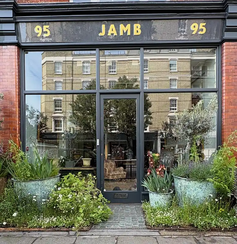 Vintage Storefront Entry with Weathered Copper Planters